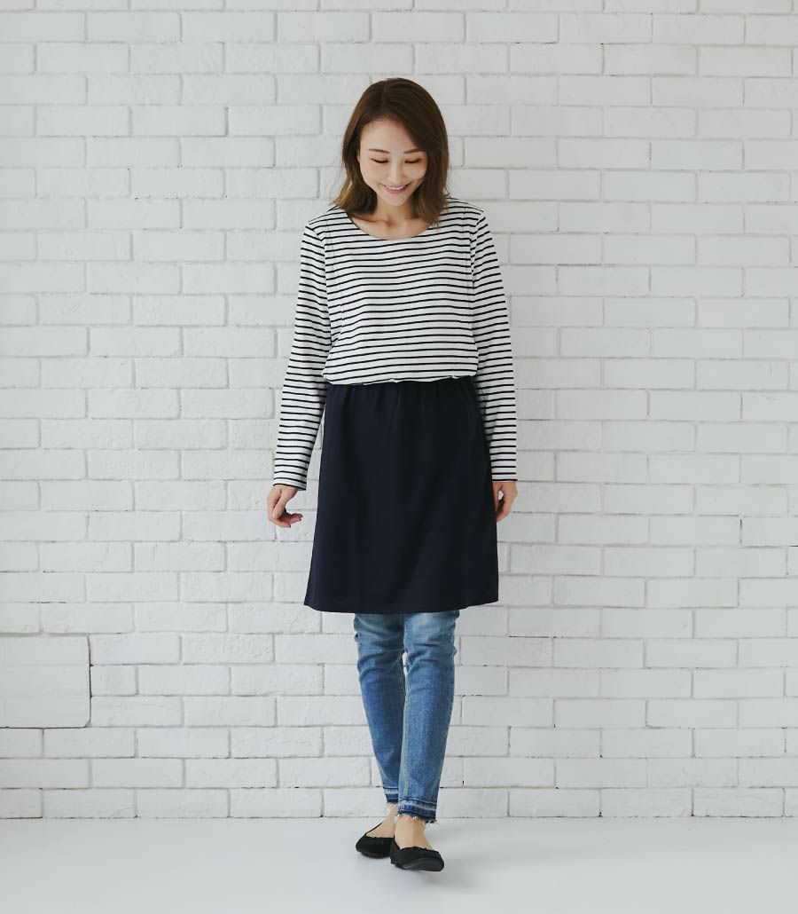 ポンチボーダーワンピ 授乳服 日本製【授乳服・マタニティウェア・授乳ブラ】