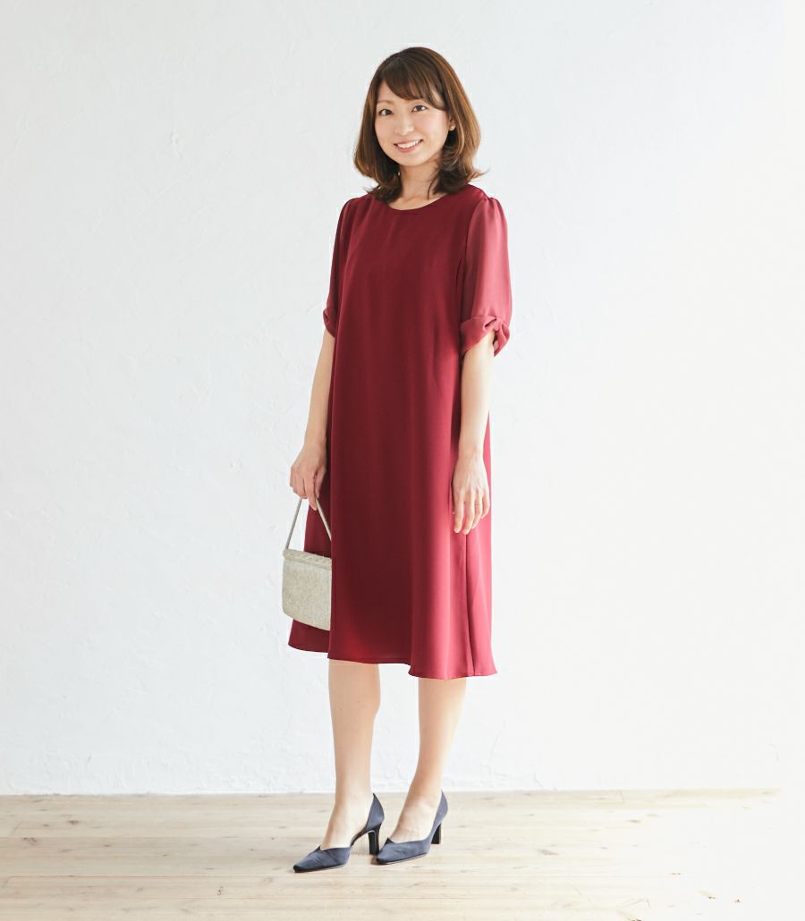 リボンスリーブワンピース（ボルドー・グレージュ）