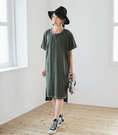 カラーステッチＴシャツワンピース 授乳服 マタニティ服 日本製【授乳服・マタニティウェア・授乳ブラ】