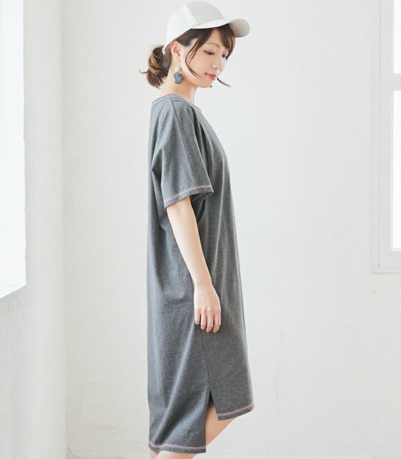 カラーステッチＴシャツワンピース 授乳服 マタニティ服 日本製【授乳服・マタニティウェア・授乳ブラ】