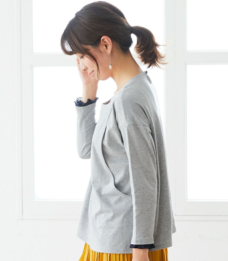 フリルカフスカットソー　授乳服 マタニティ服 日本製【授乳服・マタニティウェア・授乳ブラ】