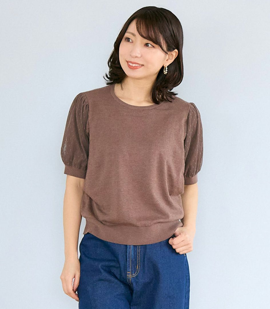 チュールパフスリーブニットトップス